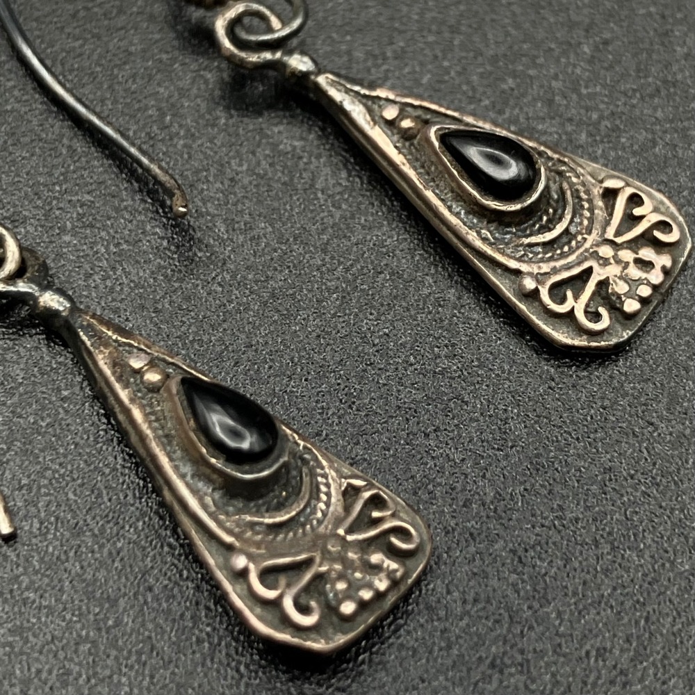 Vintage Sterling Silver Black Stone Drop Earrings Triangular Scrollwork 1.4"
